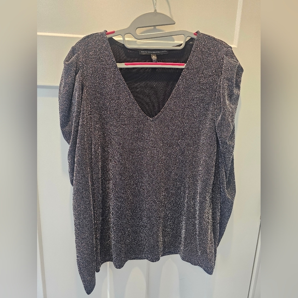 White House Black Market Metallic Shimmer V-Neck Top Women M Long Sleeve Holiday